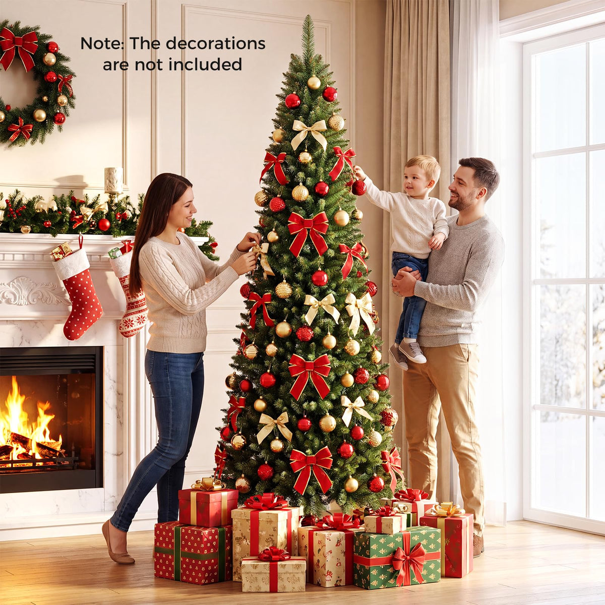 7FT Pre-Lit Artificial Christmas Tree, Slim Pencil Xmas Tree