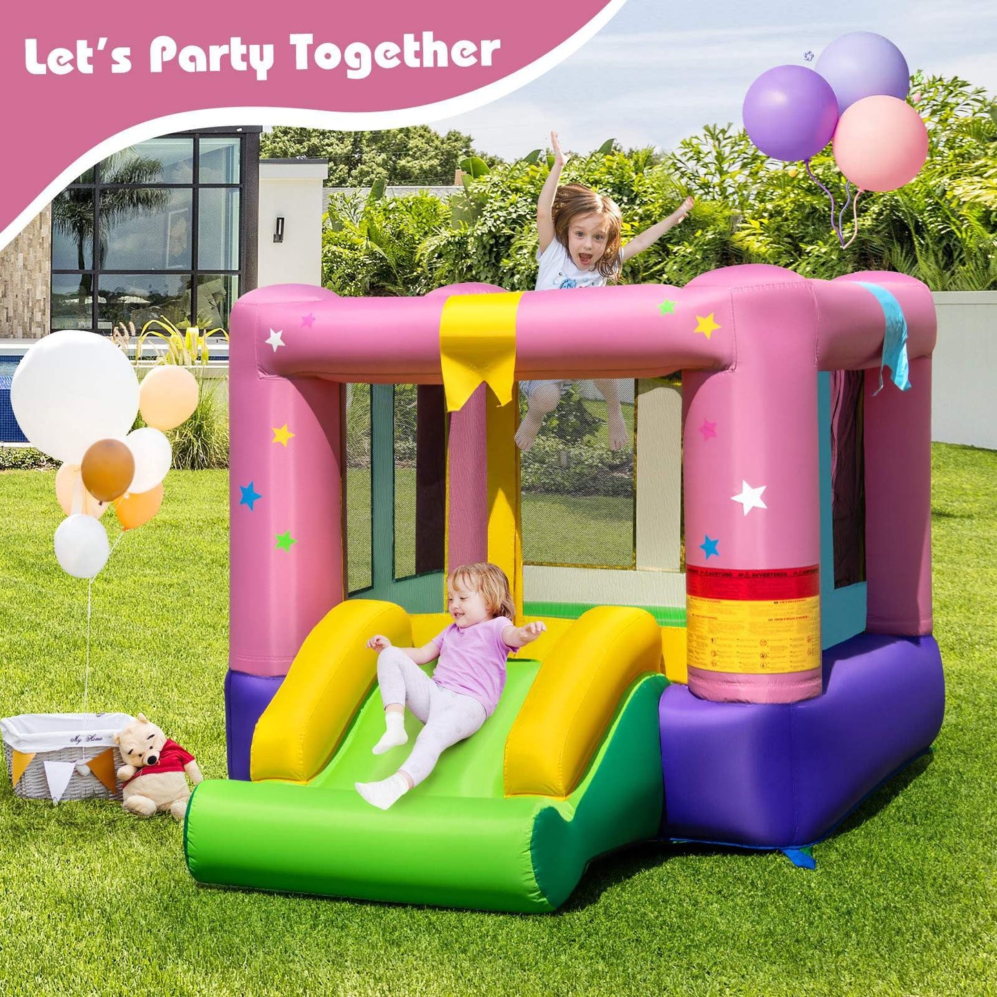 Inflatable Bounce House with Slide and Basketball Rim Without Blower