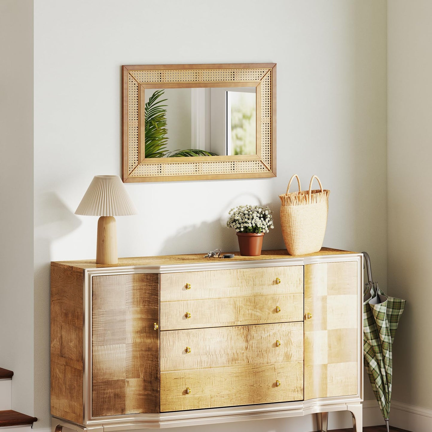 Rattan Decorative Wall Mirror, Large Wooden Frame Hanging Vanity Mirror