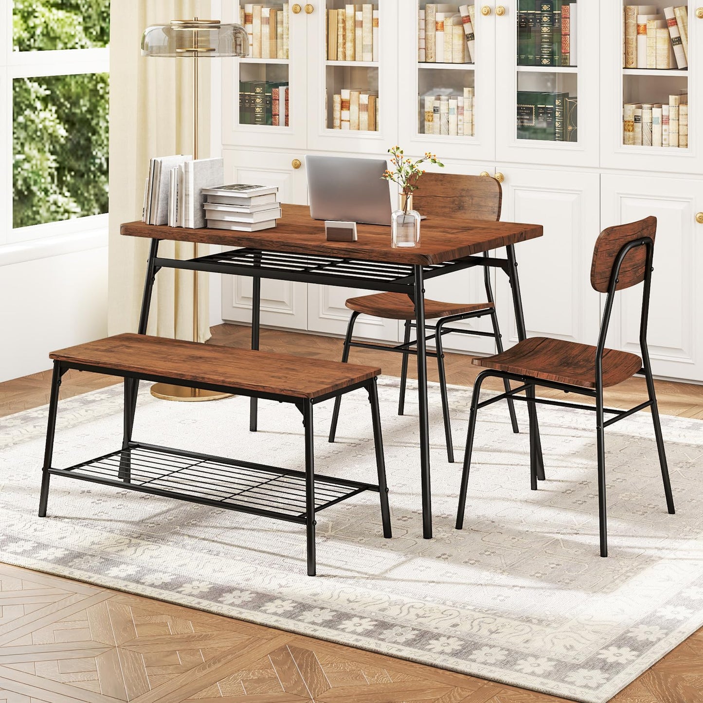 4 Piece Dining Table Set Metal with Bench and Storage Racks