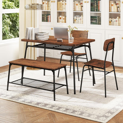 4 Piece Dining Table Set Metal with Bench and Storage Racks