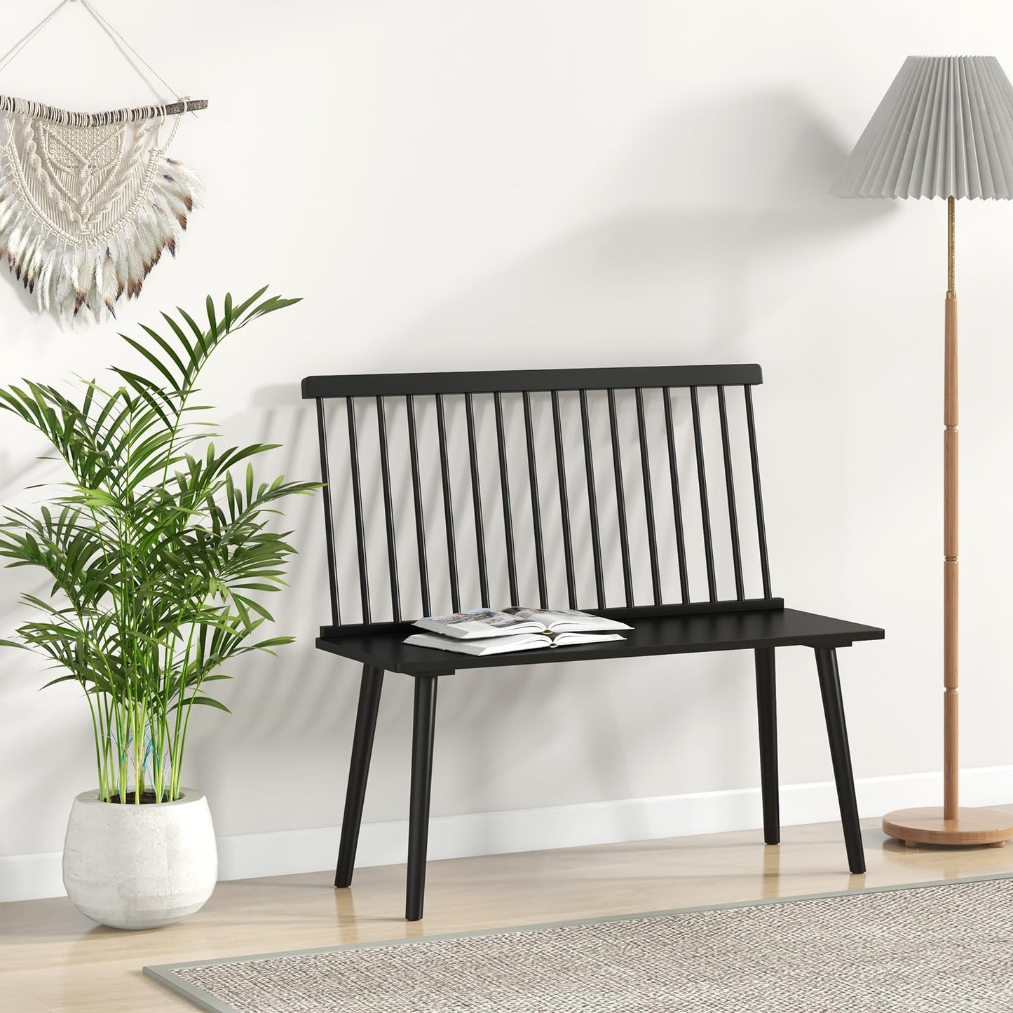 Dining Bench, Entryway Bench with Removable Spindle Back & Anti-slip Foot Pads