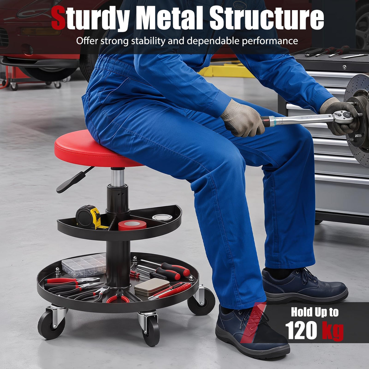 Rolling Mechanic Stool with Wheels and 42-56 cm Adjustable Seat