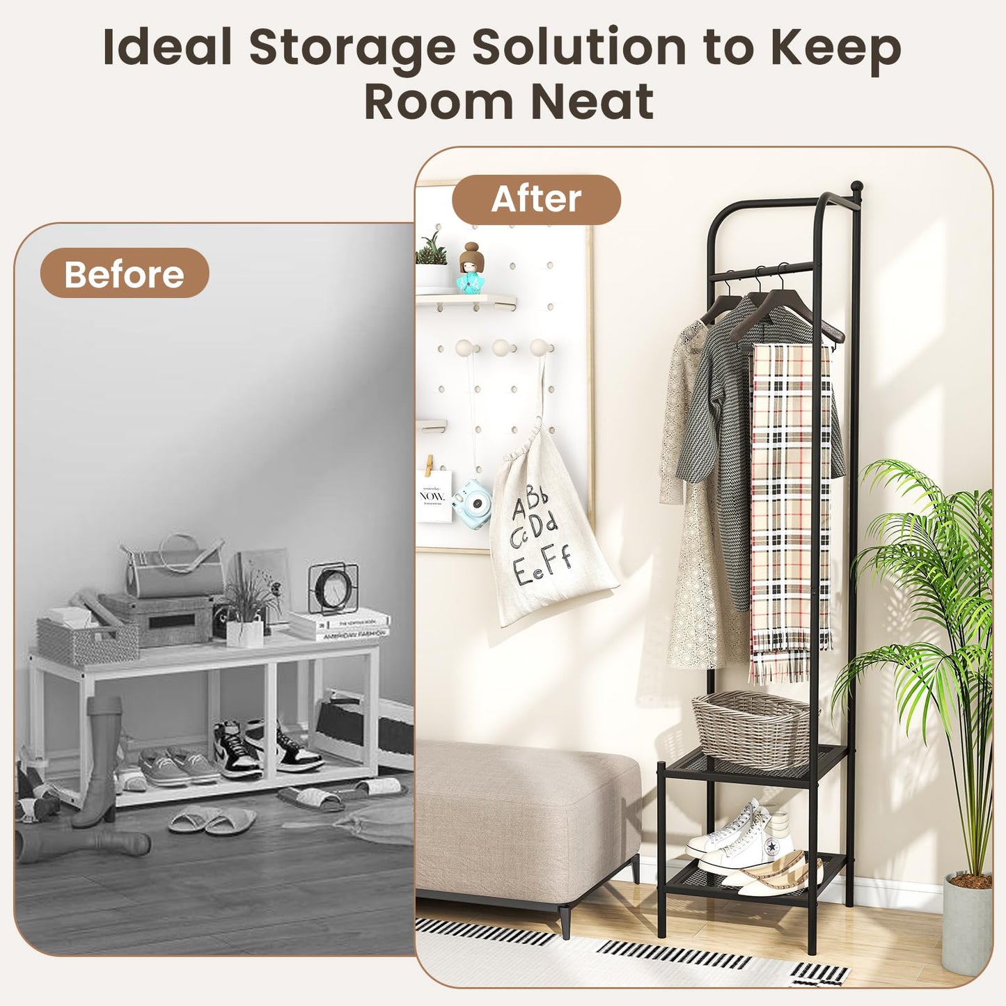 Corner Coat Rack with Shelves and Top Hanger