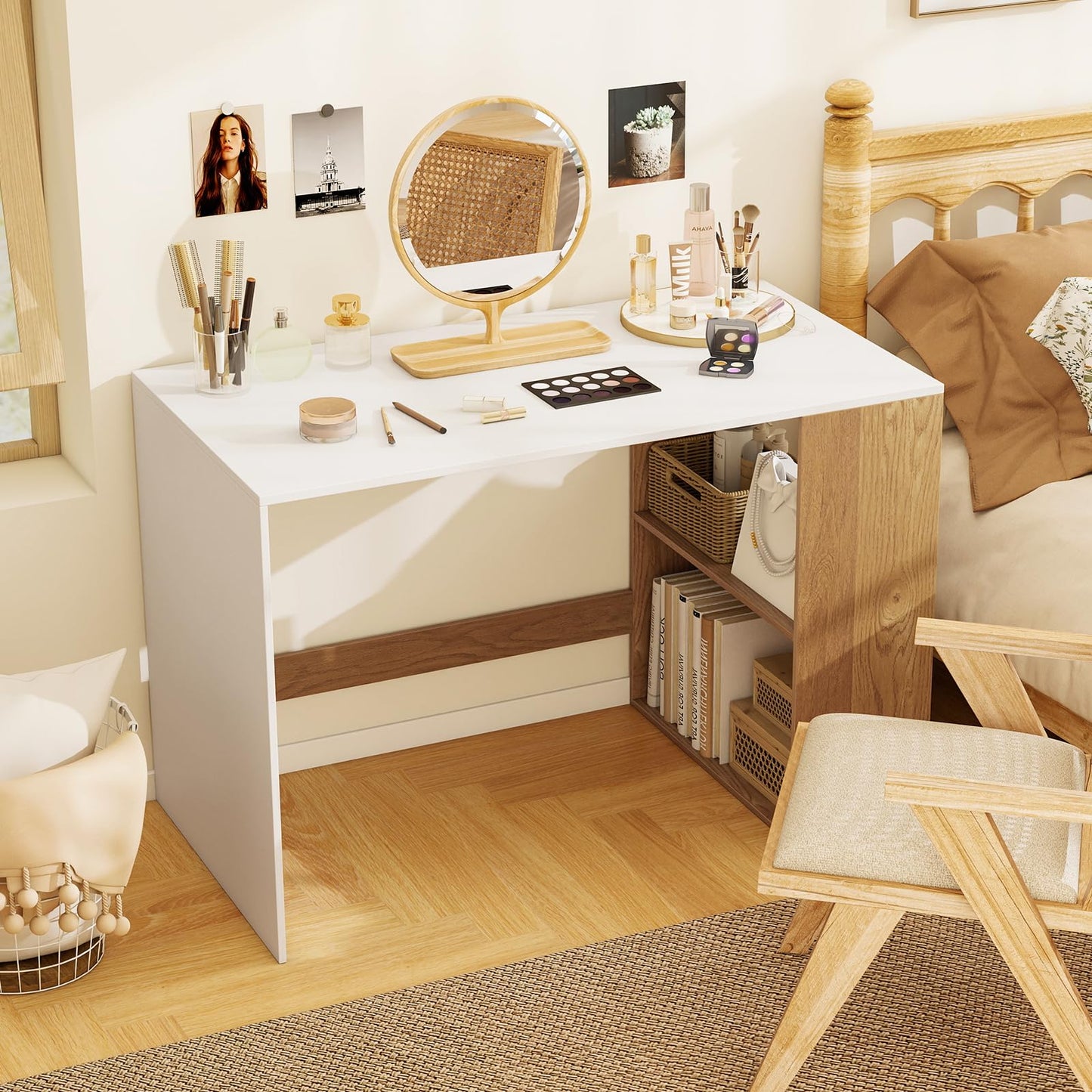 Modern Wooden Office Desk with Storage and 2 Open Shelves