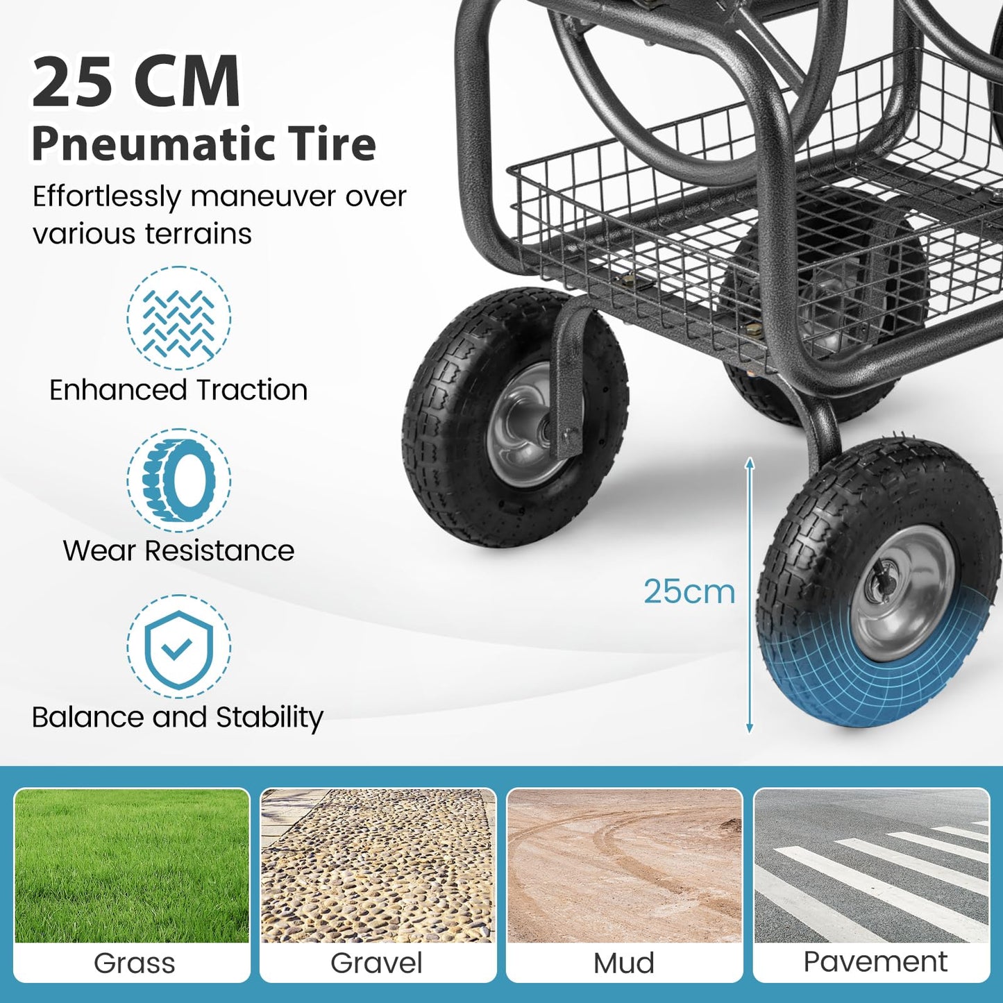 Garden Hose Reel Cart with 4 Wheels, Storage Basket & Crank Handle