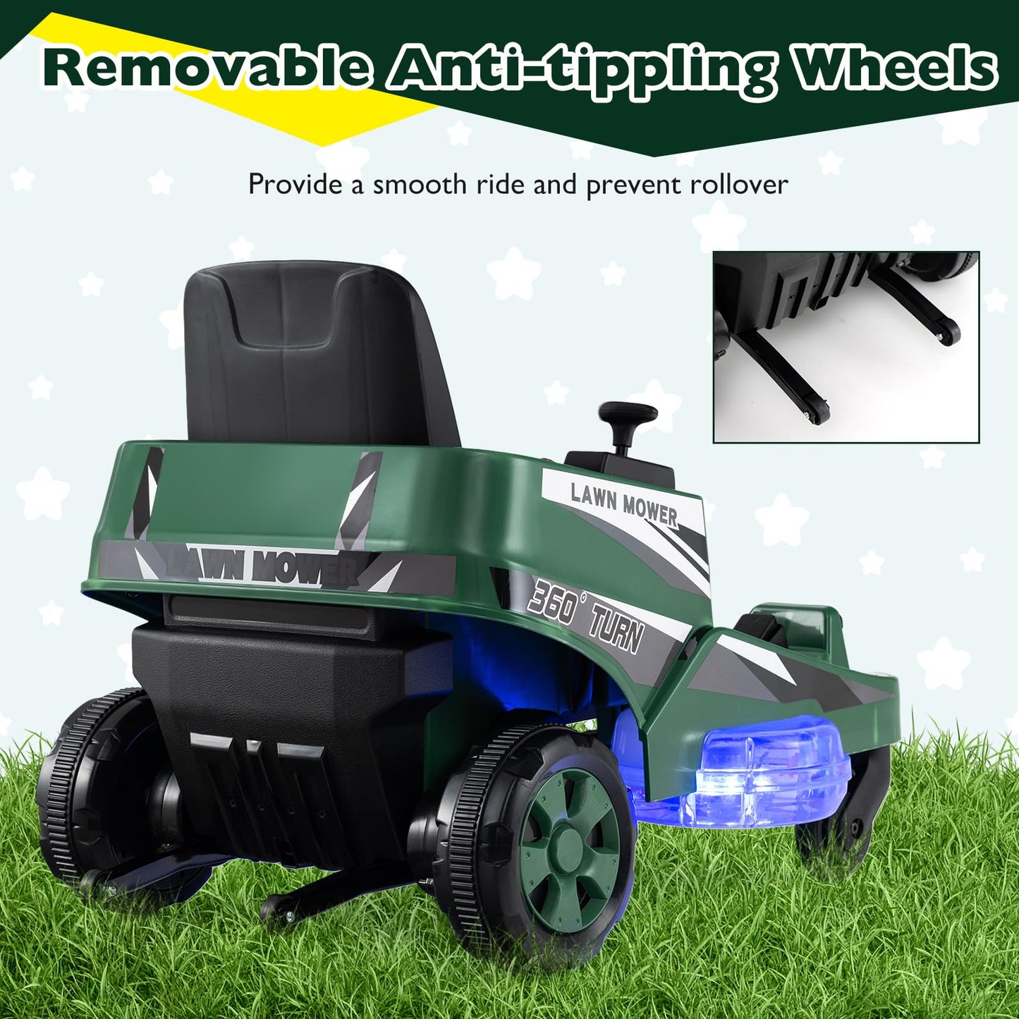 12V Ride on Lawn Mower for Kids with Dual Control Sticks and LED Lights