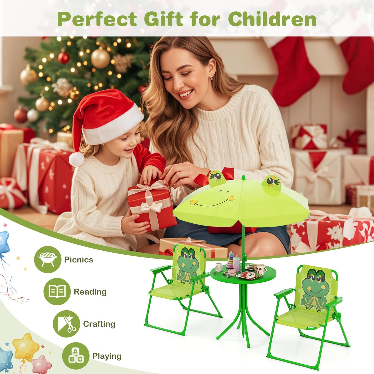 Outdoor Children Picnic Table with 2 Folding Chairs & Height Adjustable Umbrella