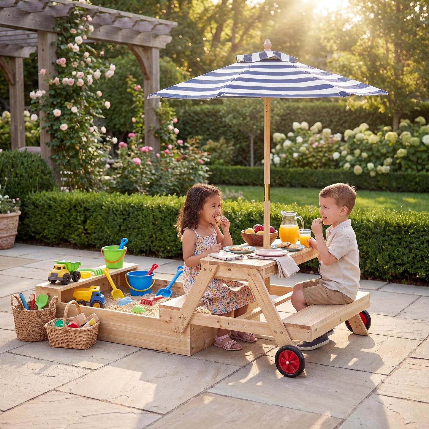 Kids Picnic Table with Sandbox, Wooden Children Garden Table and Bench Set