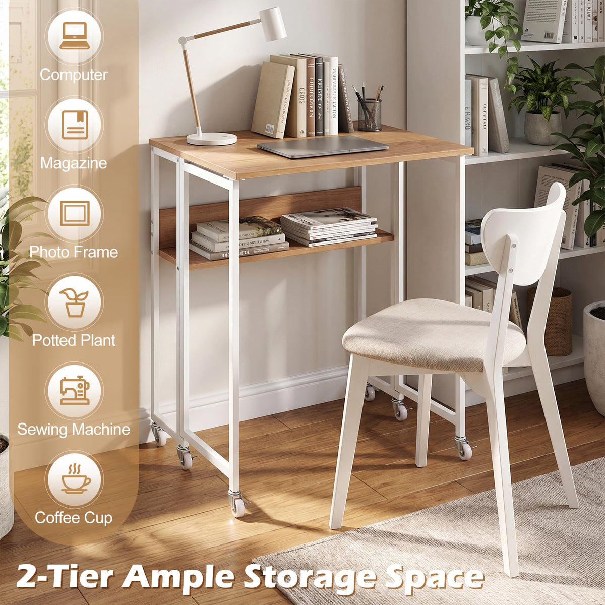 63 cm Small Folding Desk with Smooth Rolling Wheels and Storage Shelf for Home Office