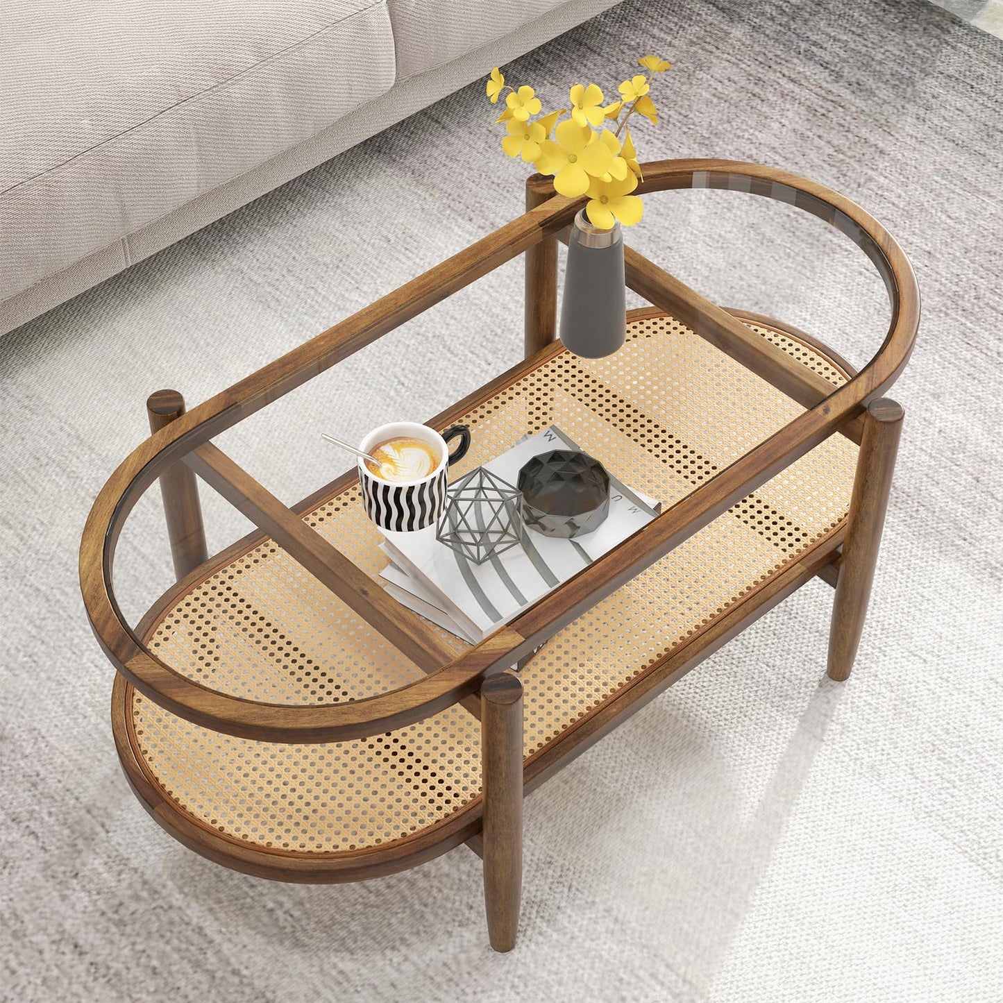 Tempered Glass Cocktail Snack Tea Center Table with PE Rattan Storage Shelf