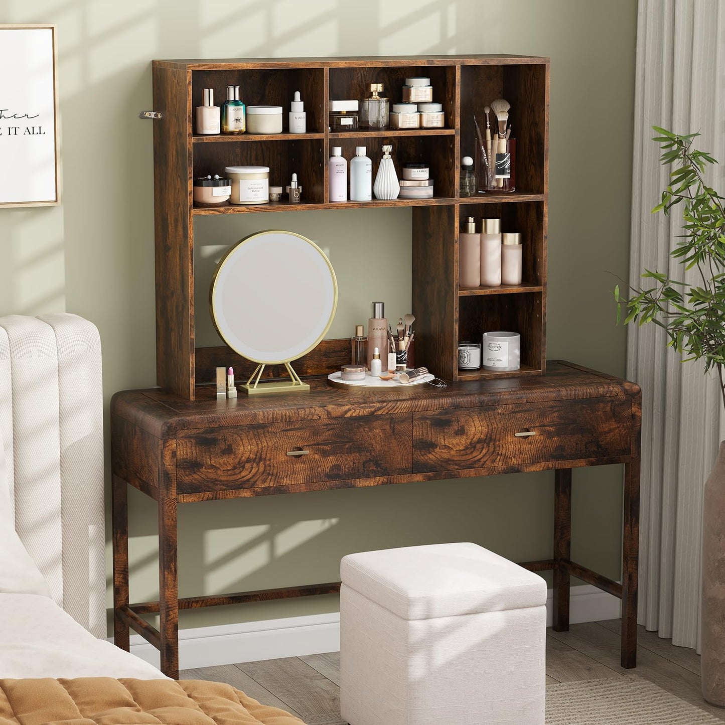 Countertop Bookcase with 3 Adjustable Shelves and Open Compartment