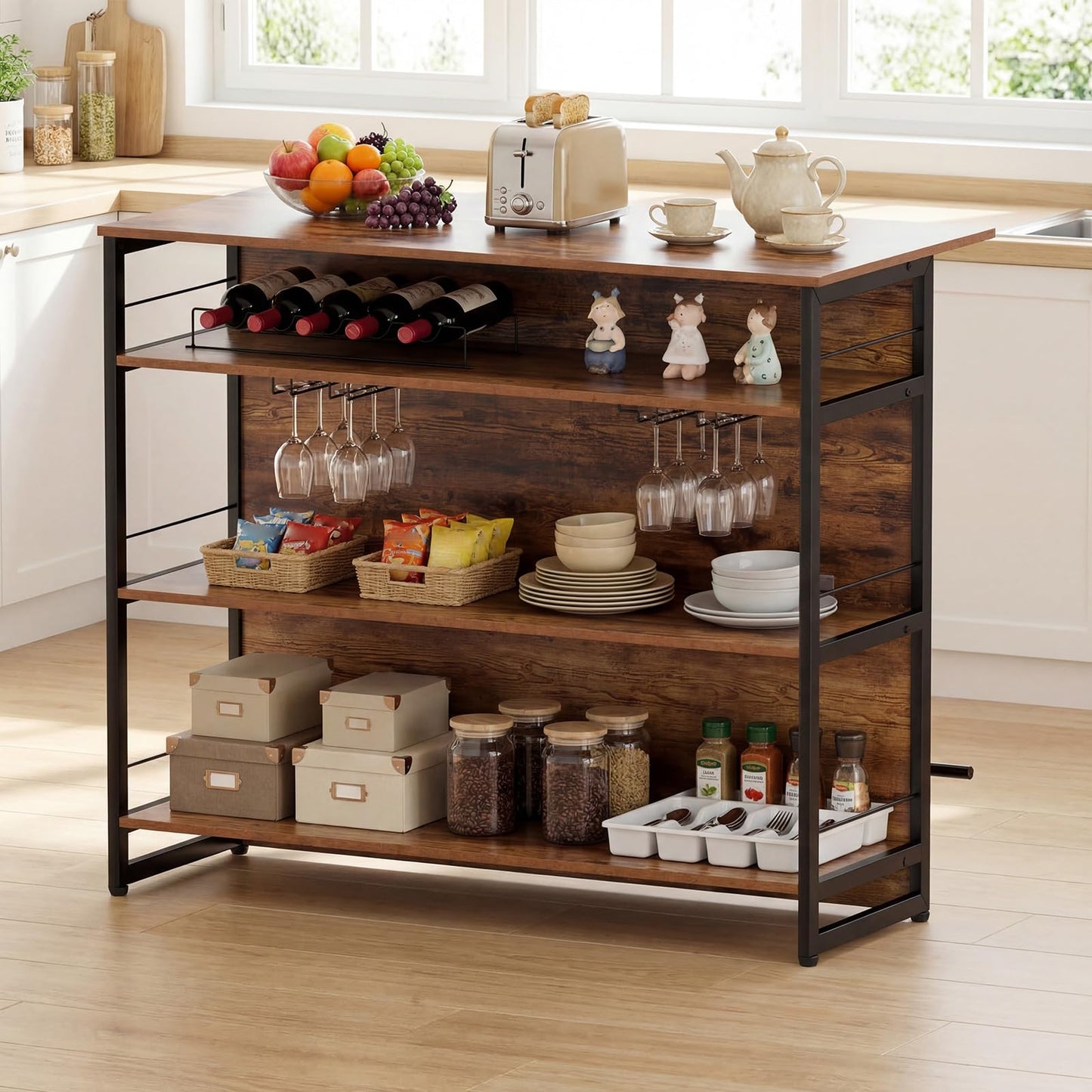2-in-1 Home Bar Unit with 4 Shelves and Glass Holders and Wine Racks
