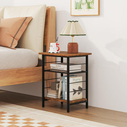 3 Tier Side Table with Height Adjustable Metal Mesh Shelf