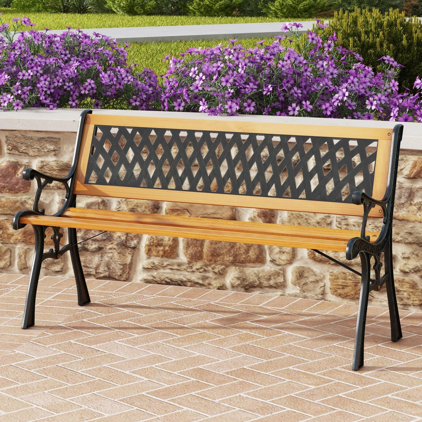 126cm Patio Garden Bench with Curved Armrests and Appealing Back