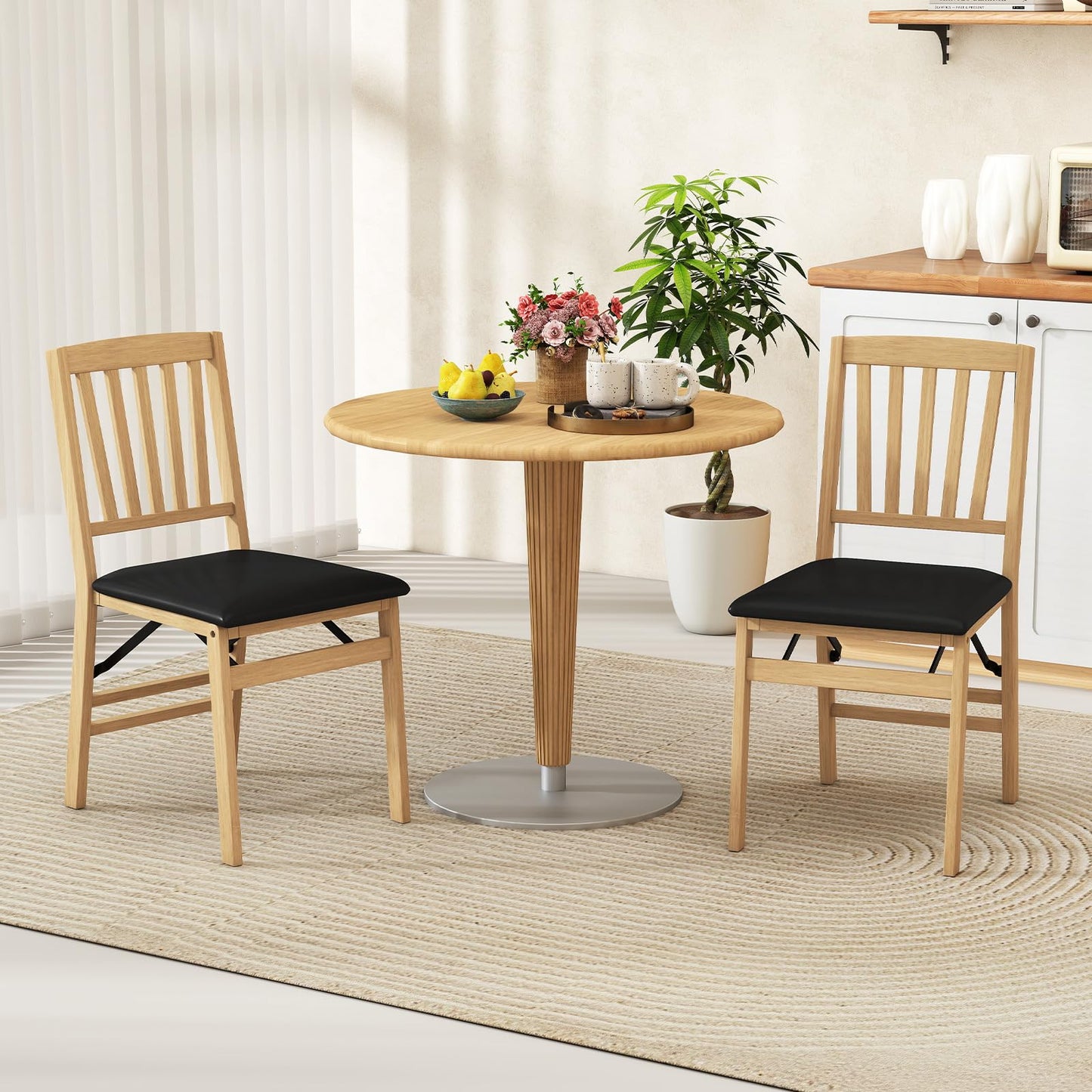 Folding Dining Chair Set of 2 with Rubber Wood Frame and Padded Seat