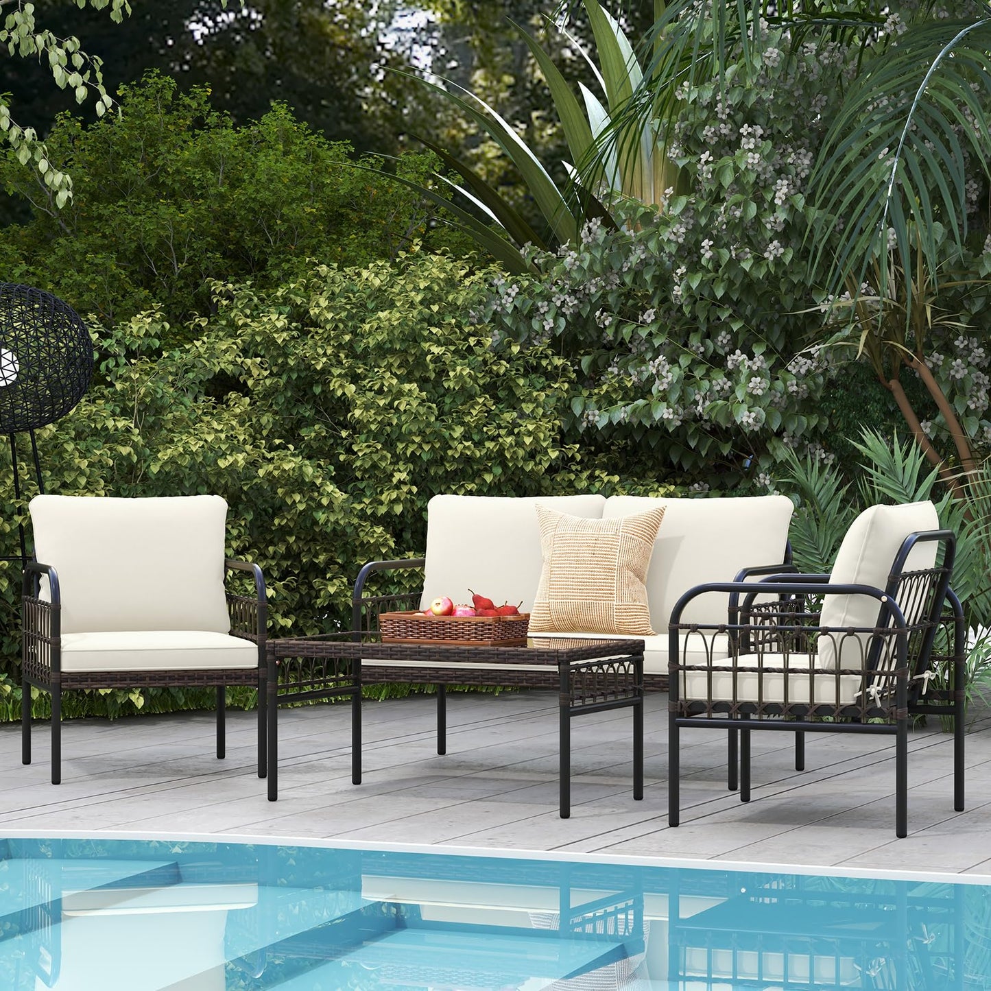 4 Piece Rattan Garden Furniture Set for Lawn Poolside