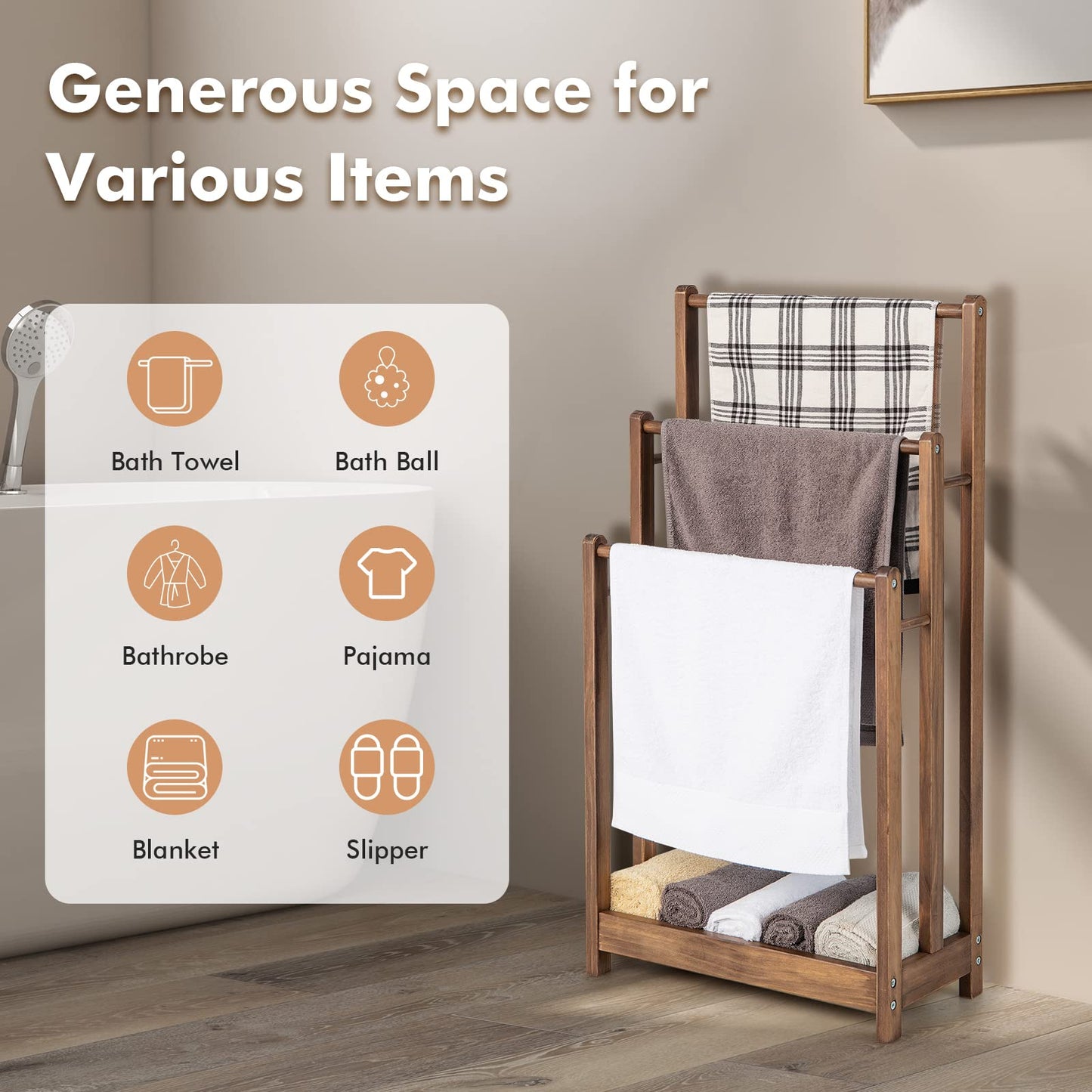 Solid Wood Towel Holder Drying Stand with 3 Towel Rails and Storage Shelf