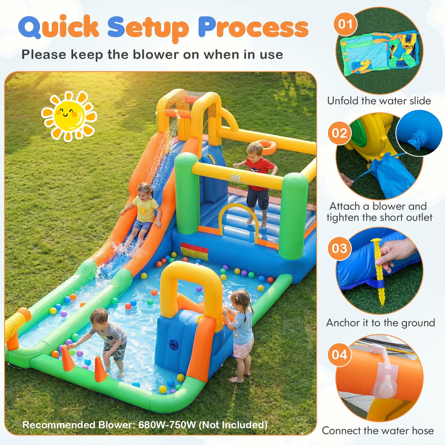 11-in-1 Inflatable Bounce House with Water Slides for Kids without Blower