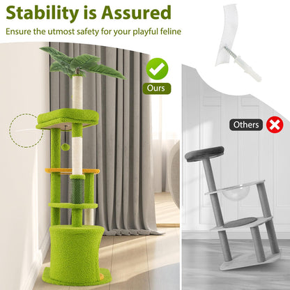 Cute Cat Tree for Adult Cats Multi-level Kitty Tower with Artificial Leaves