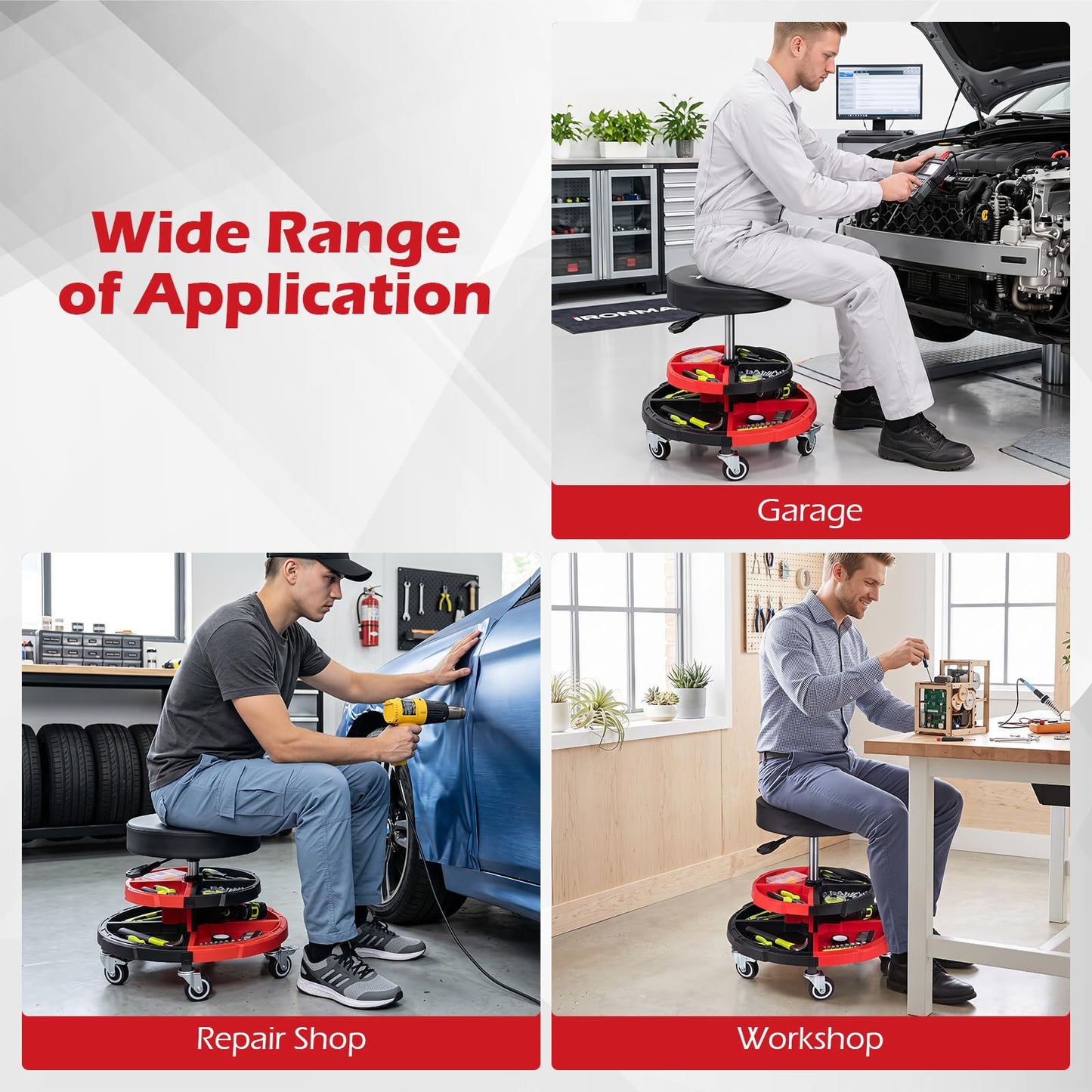 150 KG Max Load Rolling Mechanic Stool with Cushioned Seat Dual Tool Trays for Repair Shop
