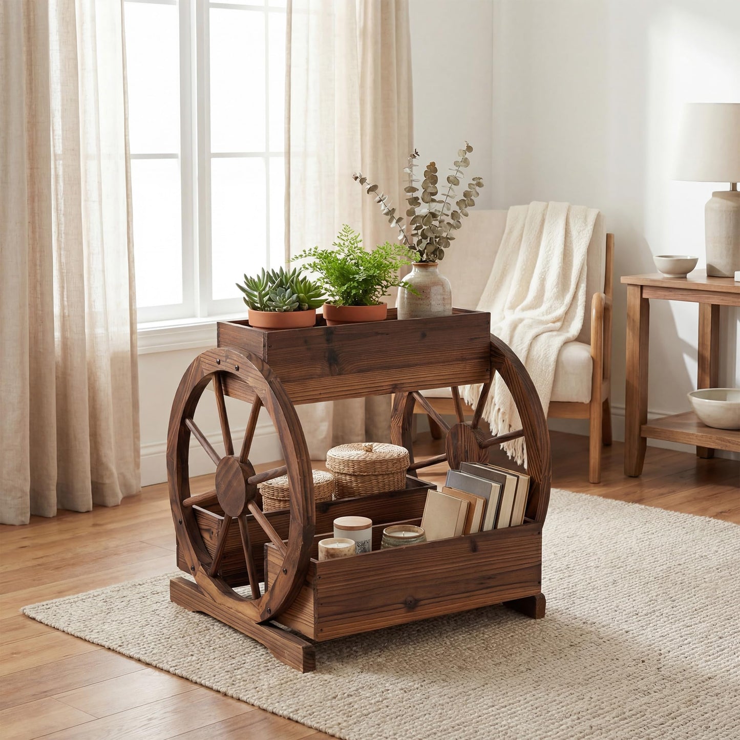 Wood Wagon Planter Box, 2-Tier Rustic Raised Garden Bed with Drainage Holes