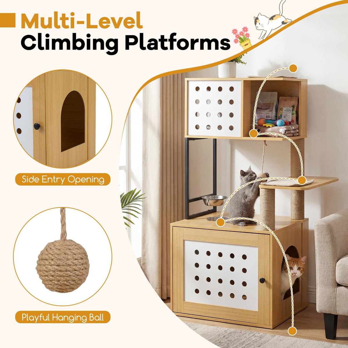 117.5 cm Modern Cat Tower Cabinet with Sisal Scratching Posts and Hanging Ball