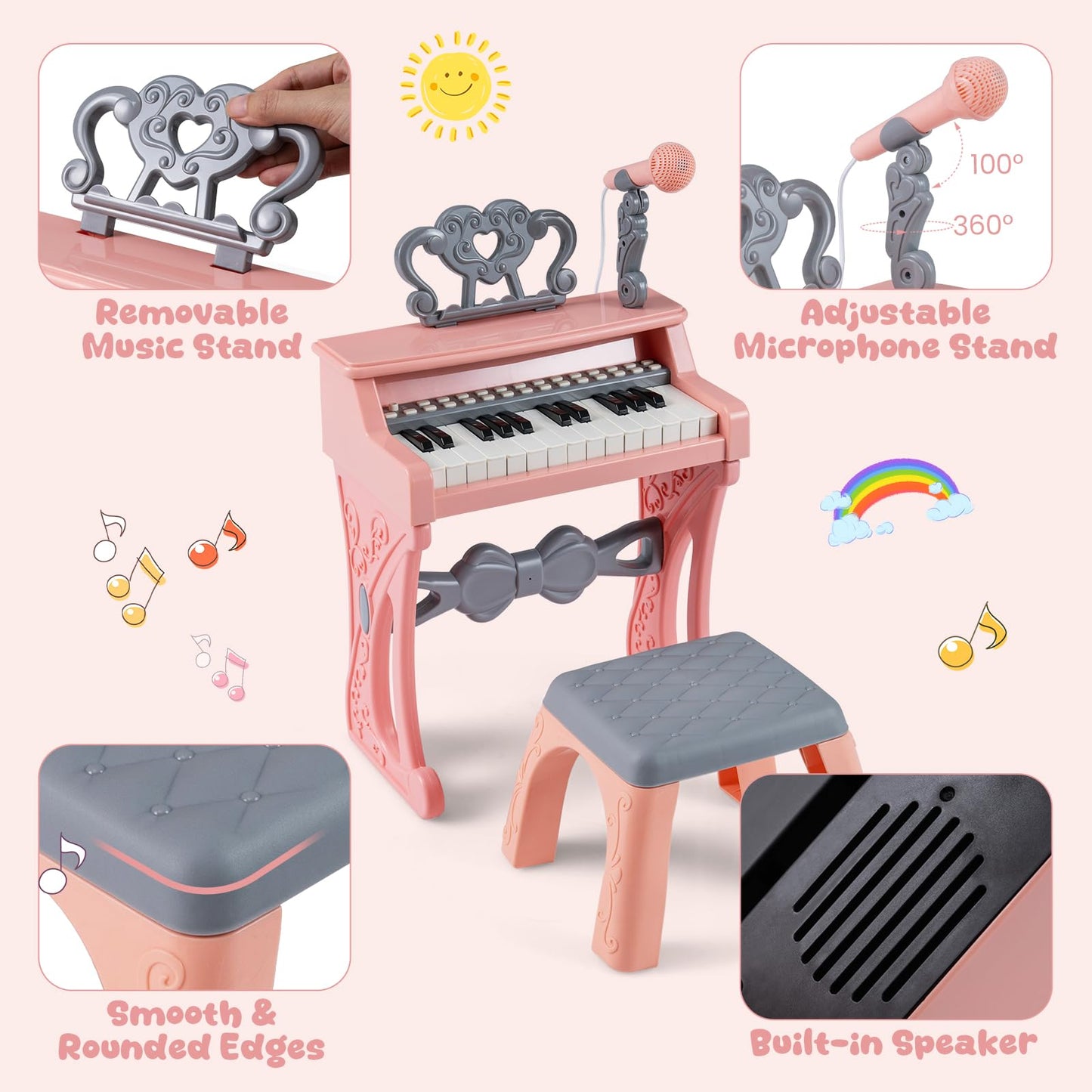 25 Keys Mini Keyboard Piano with Stool and Music Stand for 3+ Kids