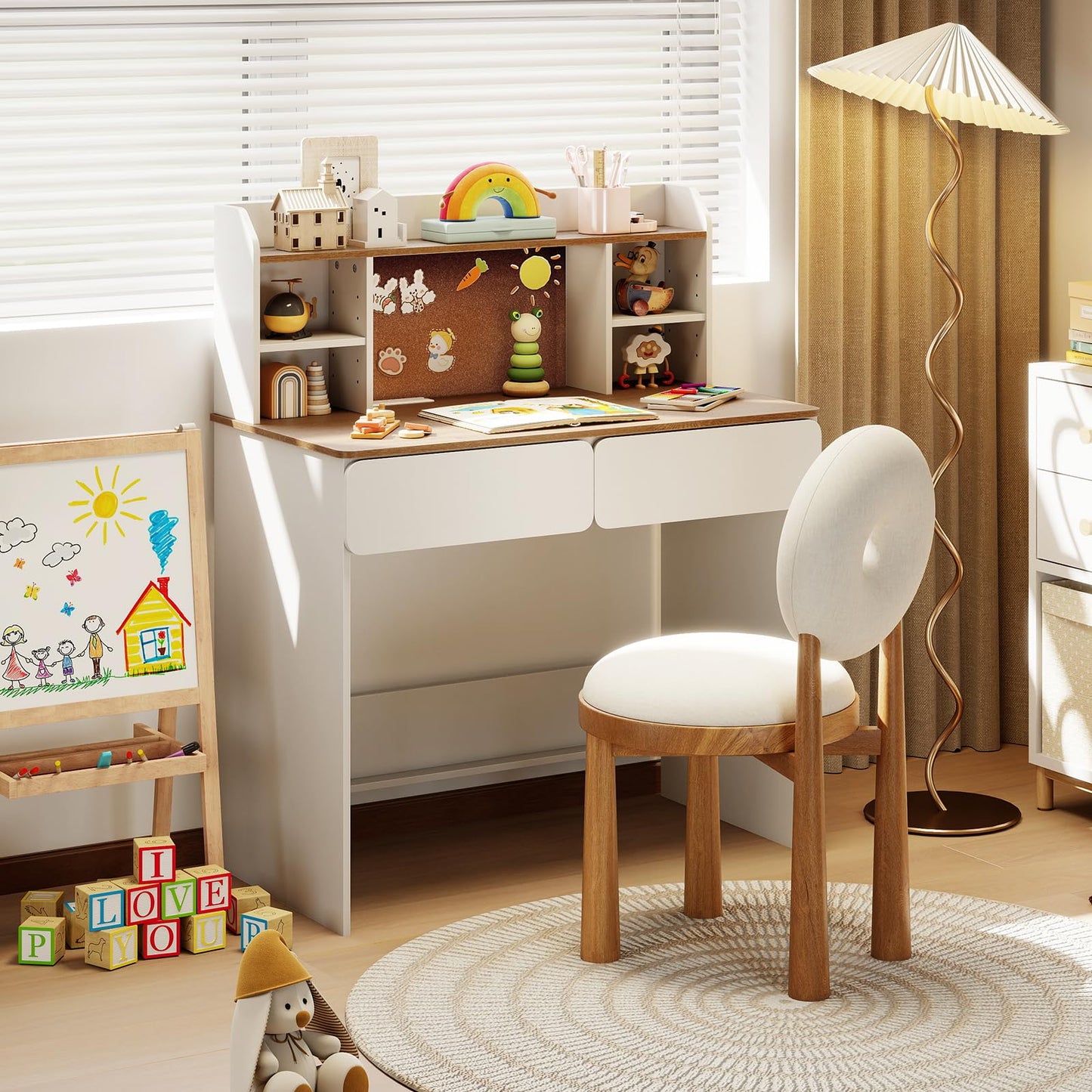 Kids Study Desk Student Writing Table with Cork Bulletin Board