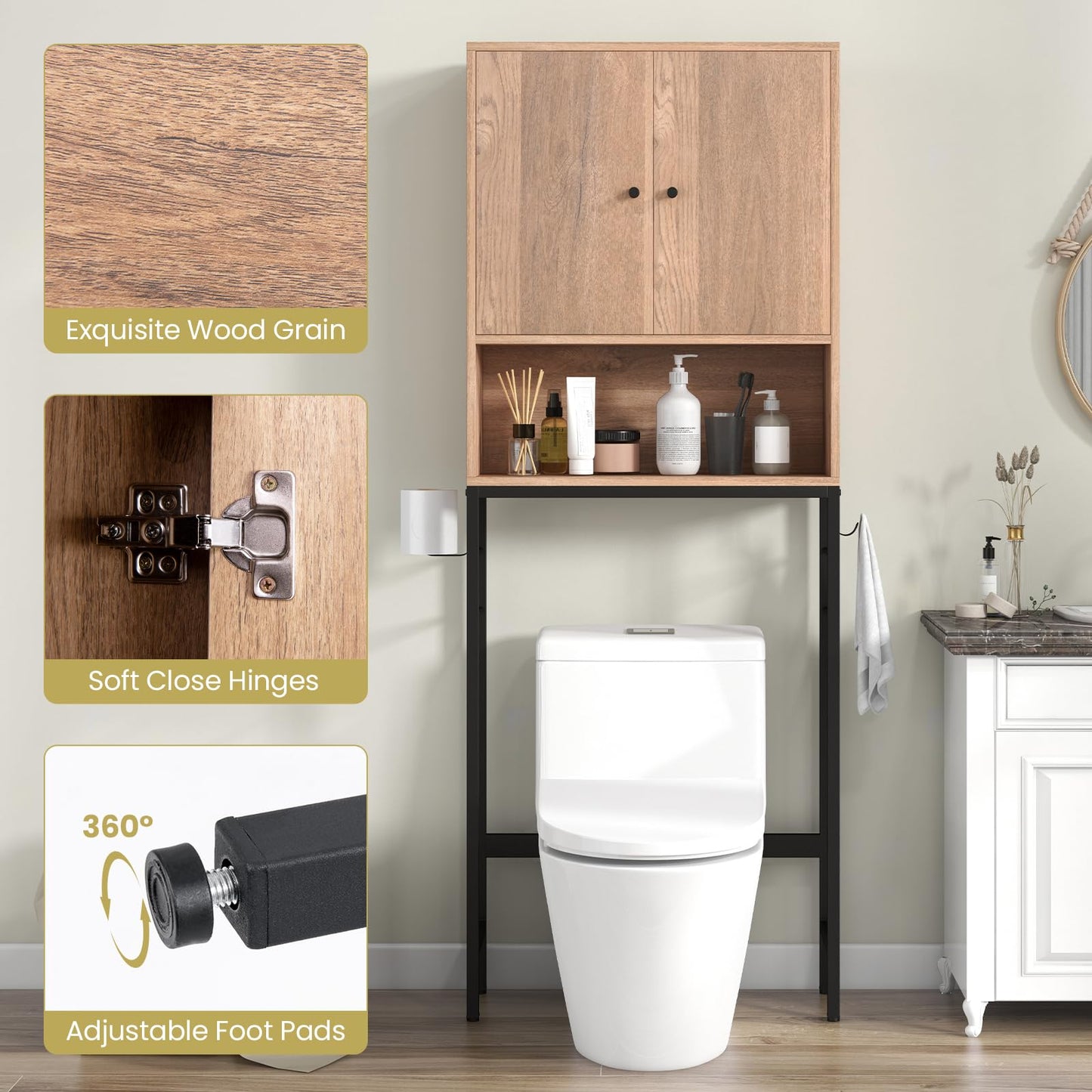 Over The Toilet Storage Cabinet with 2 Doors and Adjustable Shelf
