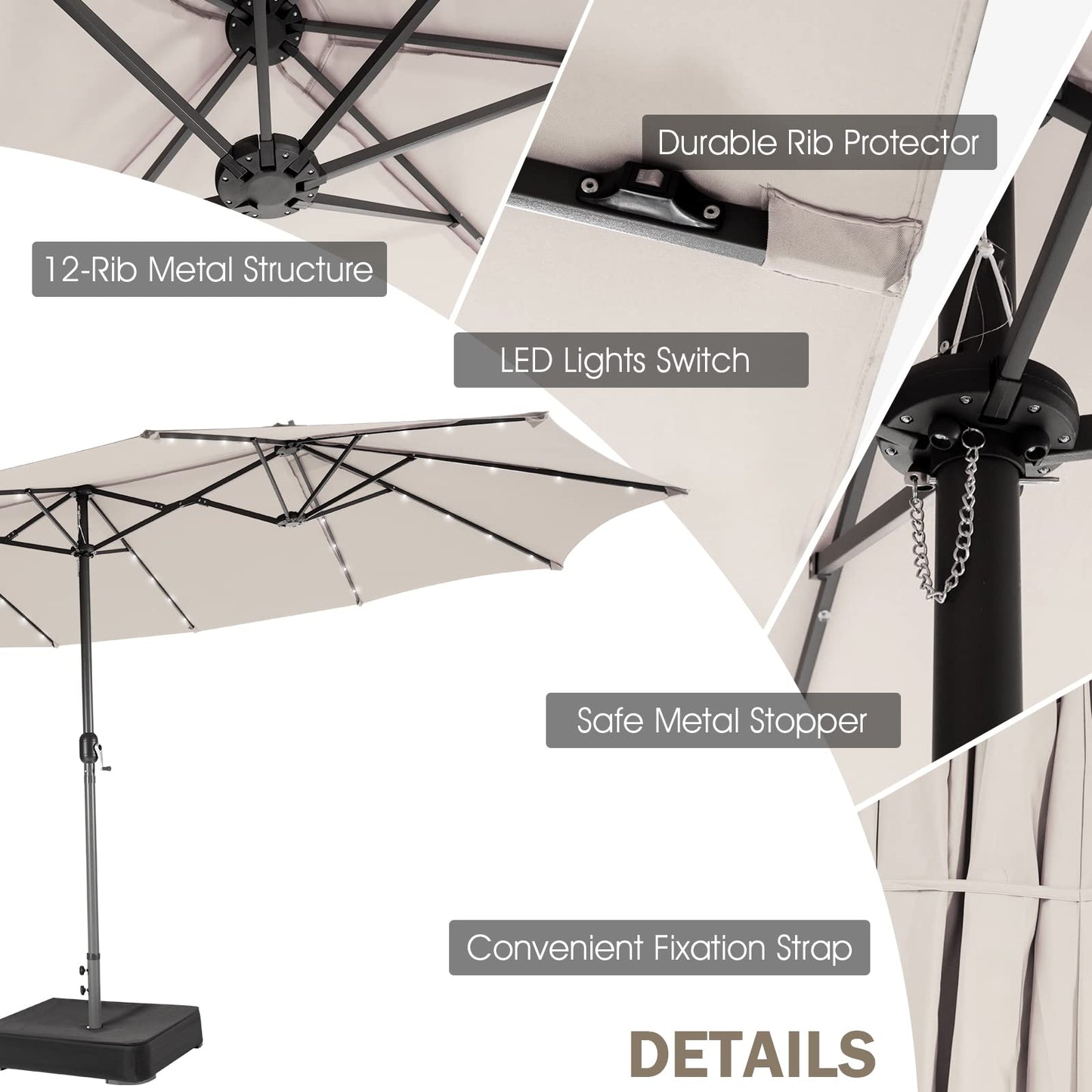 4.5m Large Patio Umbrella with 48 Solar-Powered LED Lights
