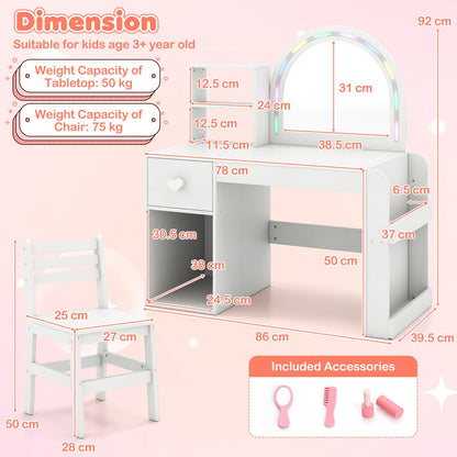 Kids Vanity Table and Chair Set with Lighted Mirror Open Storage Shelves