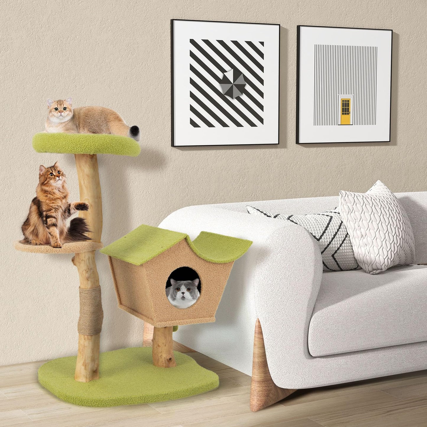 Cute Cat Activity Center with Padded Top Perch and Dangling Bell Balls for Indoor Cats