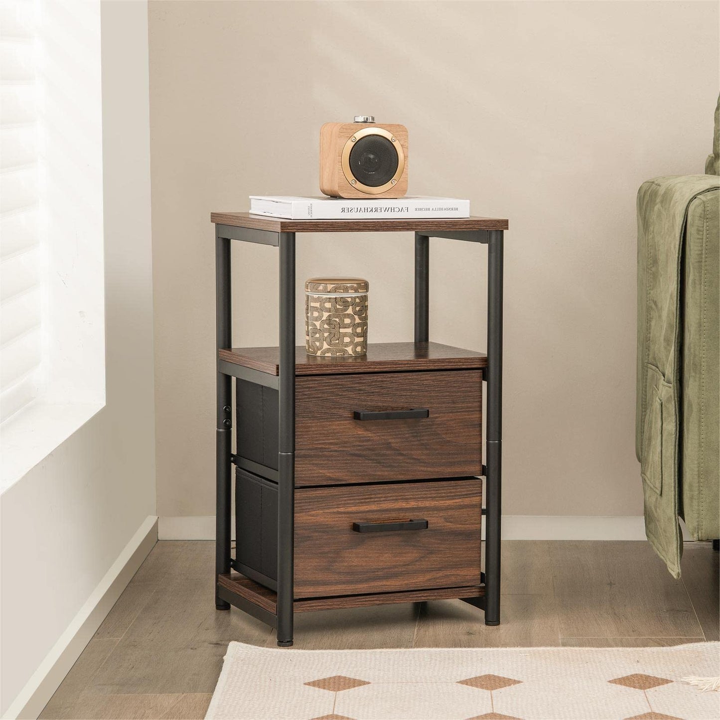 Metal Frame Bedside Table with Open Shelf and 2 Drawers
