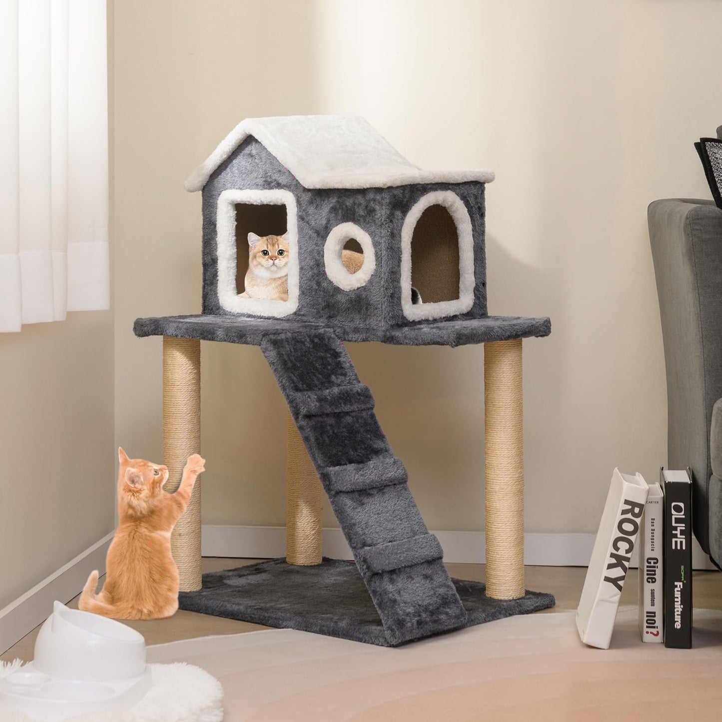90cm Modern Cat Tree 3-level Cat Condo Furniture with Openable Roof
