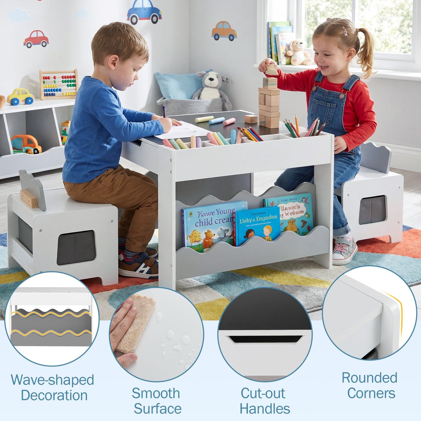 Kids Table and Chairs, Multifunctional Activity Desk Set with Double-sided Tabletop