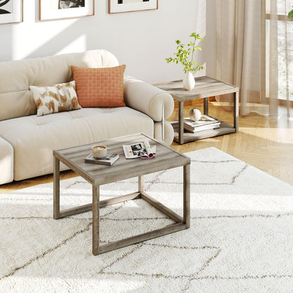 Nesting Coffee Table Set of 2 with Storage Shelf and Rubber Wood Frame