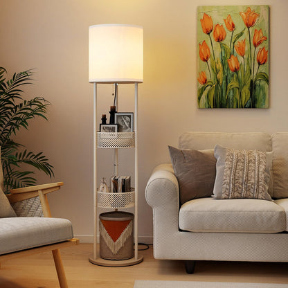Floor Lamp with 3 Storage Shelves & Linen Fabric Shade