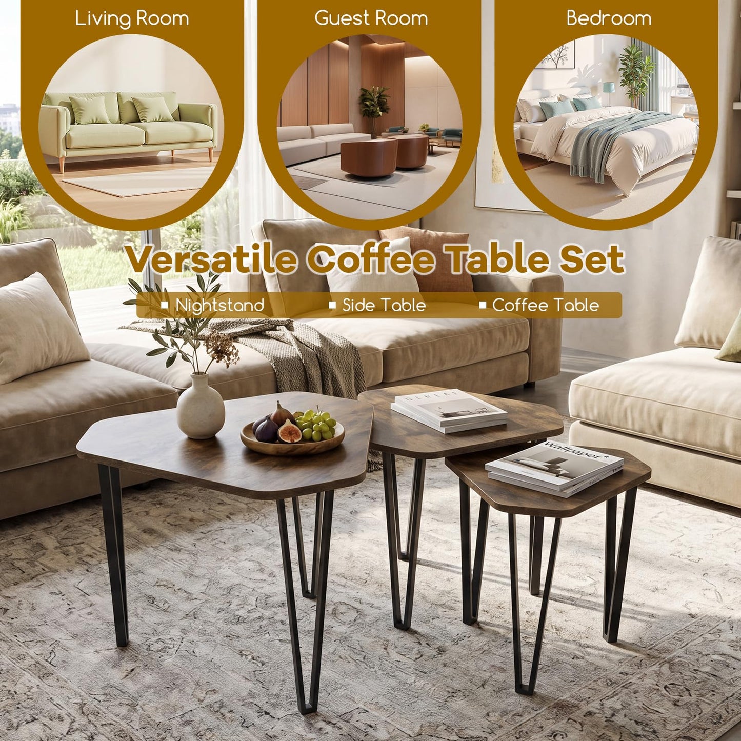 Nesting Coffee Tables Set of 3, Stacking End Sofa Side Table