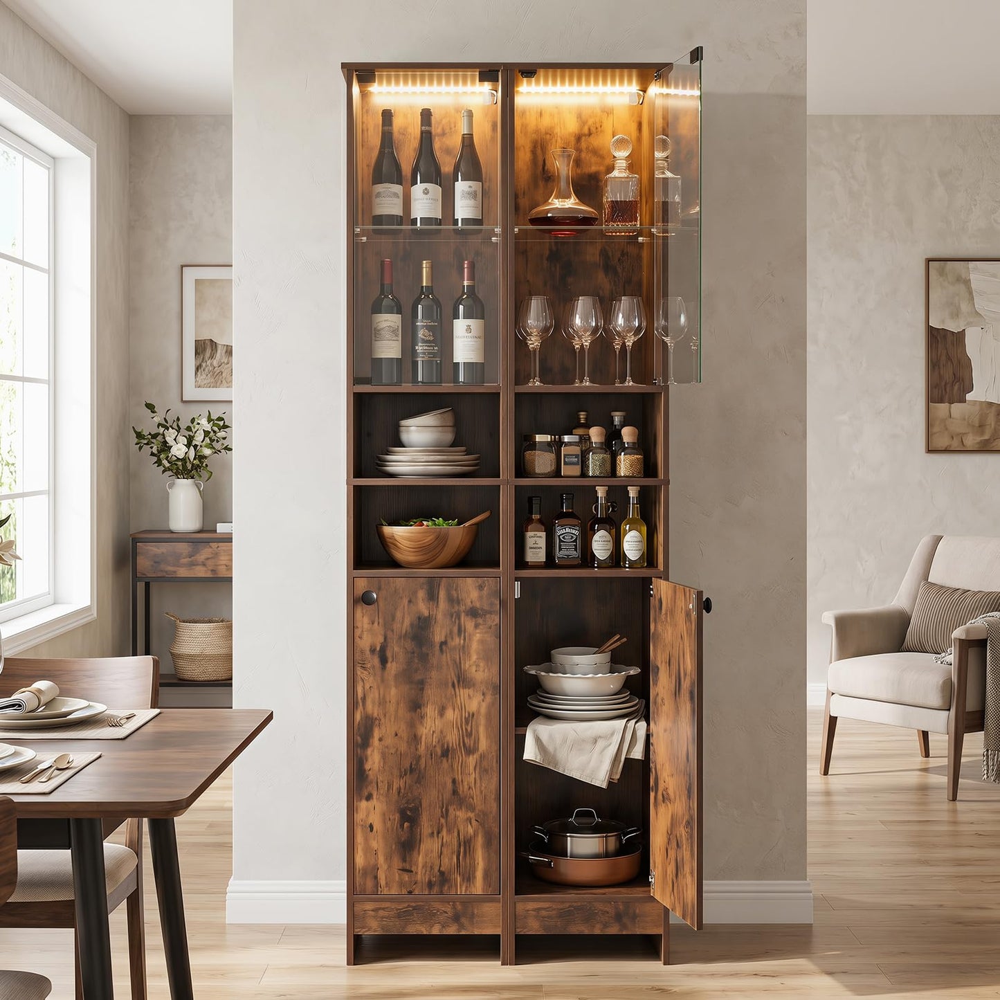 Tall Bathroom Cabinet with Lights Remote Control Open Shelves and Adjustable Shelves