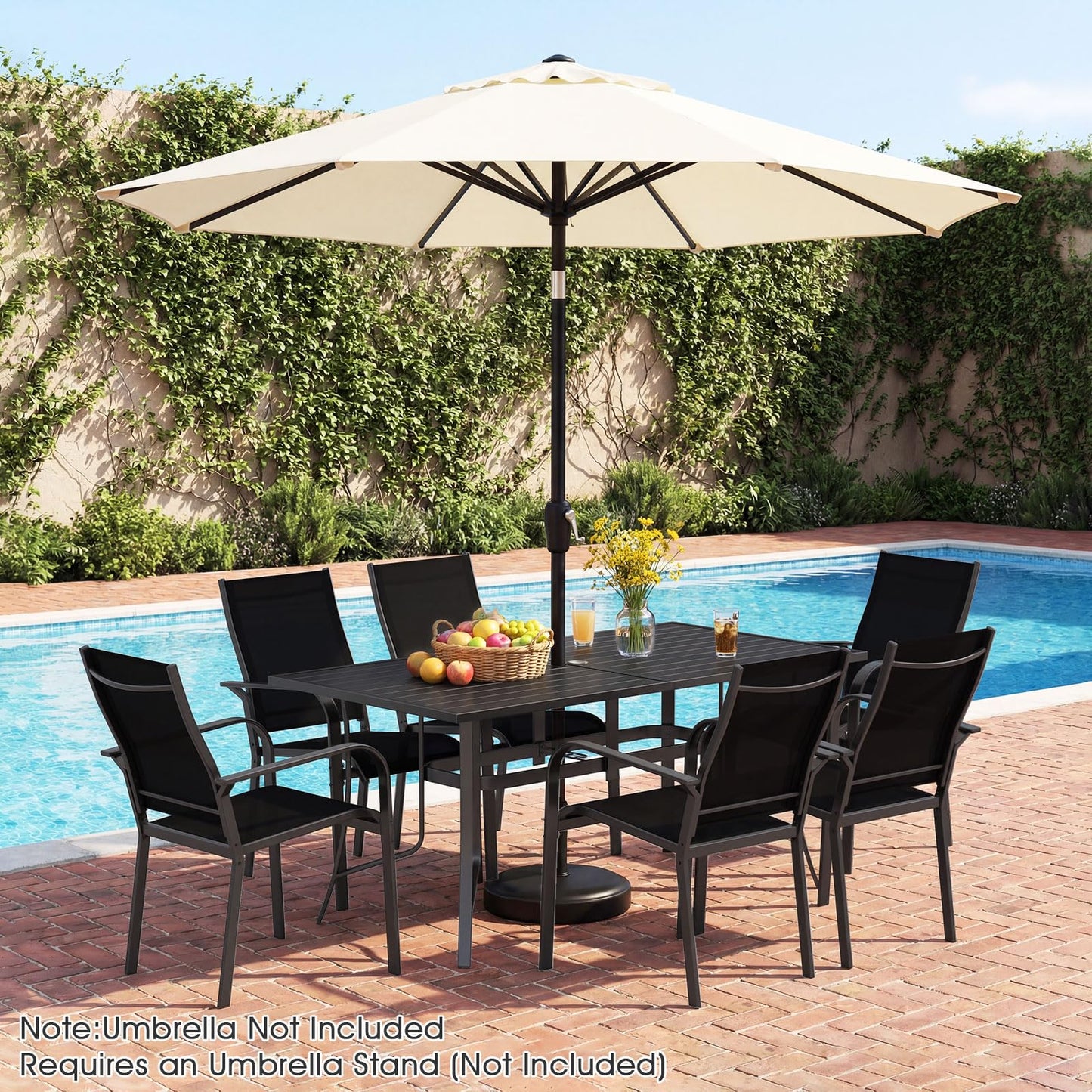 Patio Dining Table for 6 160CM Rectangle Metal Slat Table with Umbrella Hole