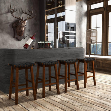 Faux PU Leather Counter Height Stools Set of 2 with Woven Curved Seat