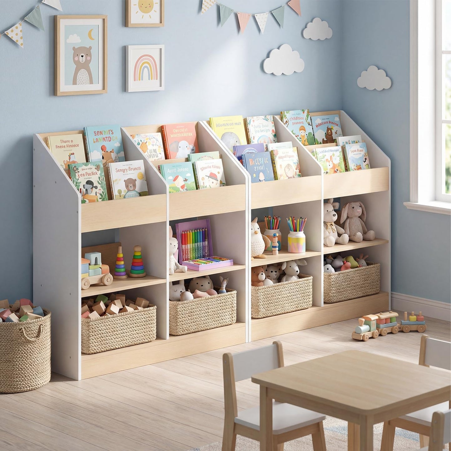 Kids Bookshelf Toddler Book Stand with 4 Upright Cubes and 4 Storage Compartments