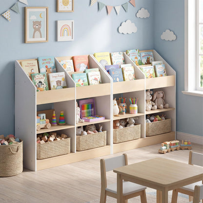 Kids Bookshelf Toddler Book Stand with 4 Upright Cubes and 4 Storage Compartments