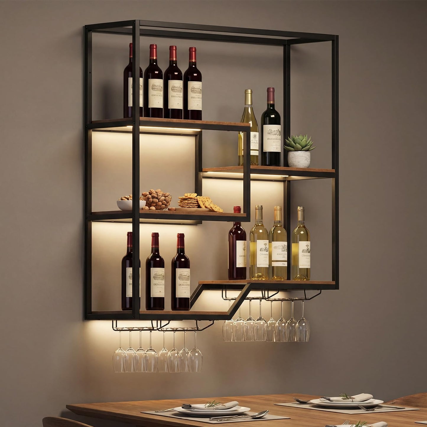 Wall Mounted Wine Rack, 5-Tier Hanging Bar Shelves with 4 Wine Glass Holders