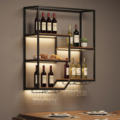 Wall Mounted Wine Rack, 5-Tier Hanging Bar Shelves with 4 Wine Glass Holders