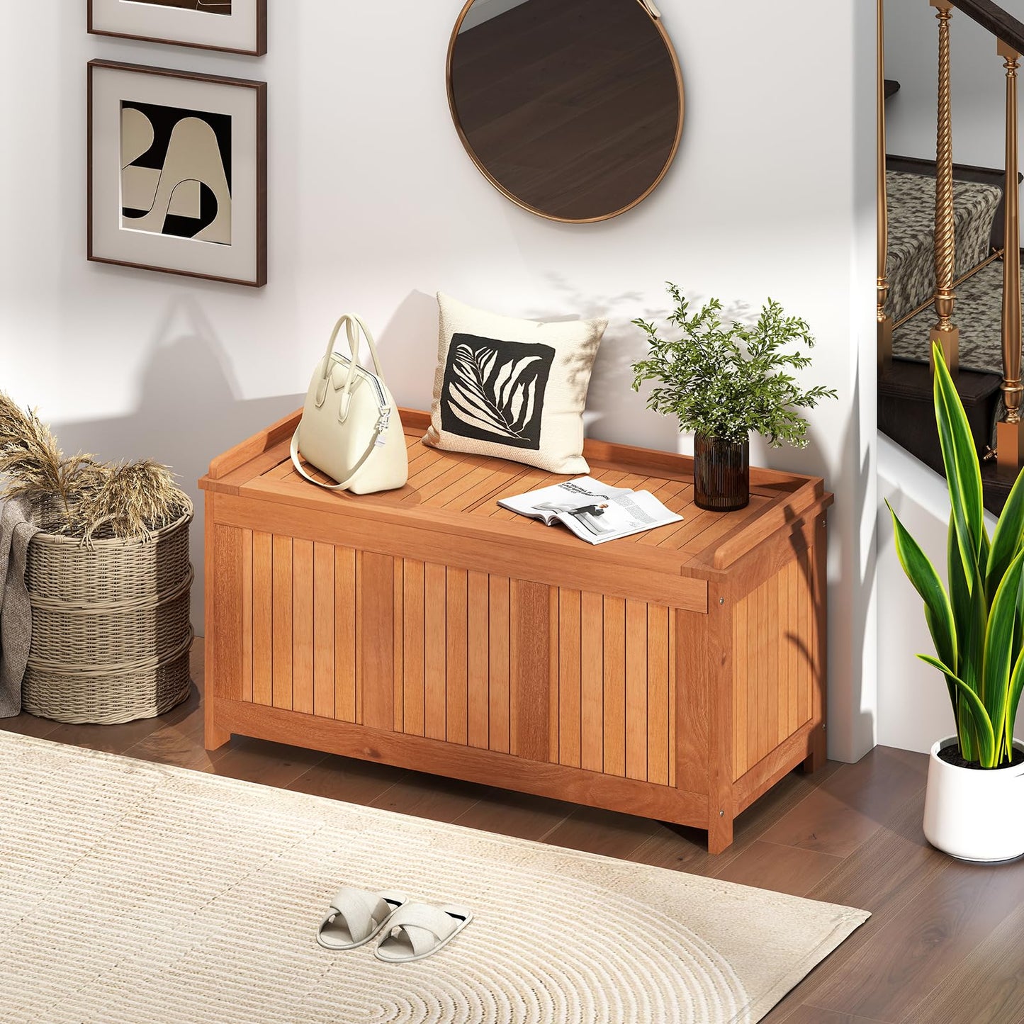 220L Wood Deck Box 3-in-1 Patio Storage Bench Stool with Flip Top for Cushions