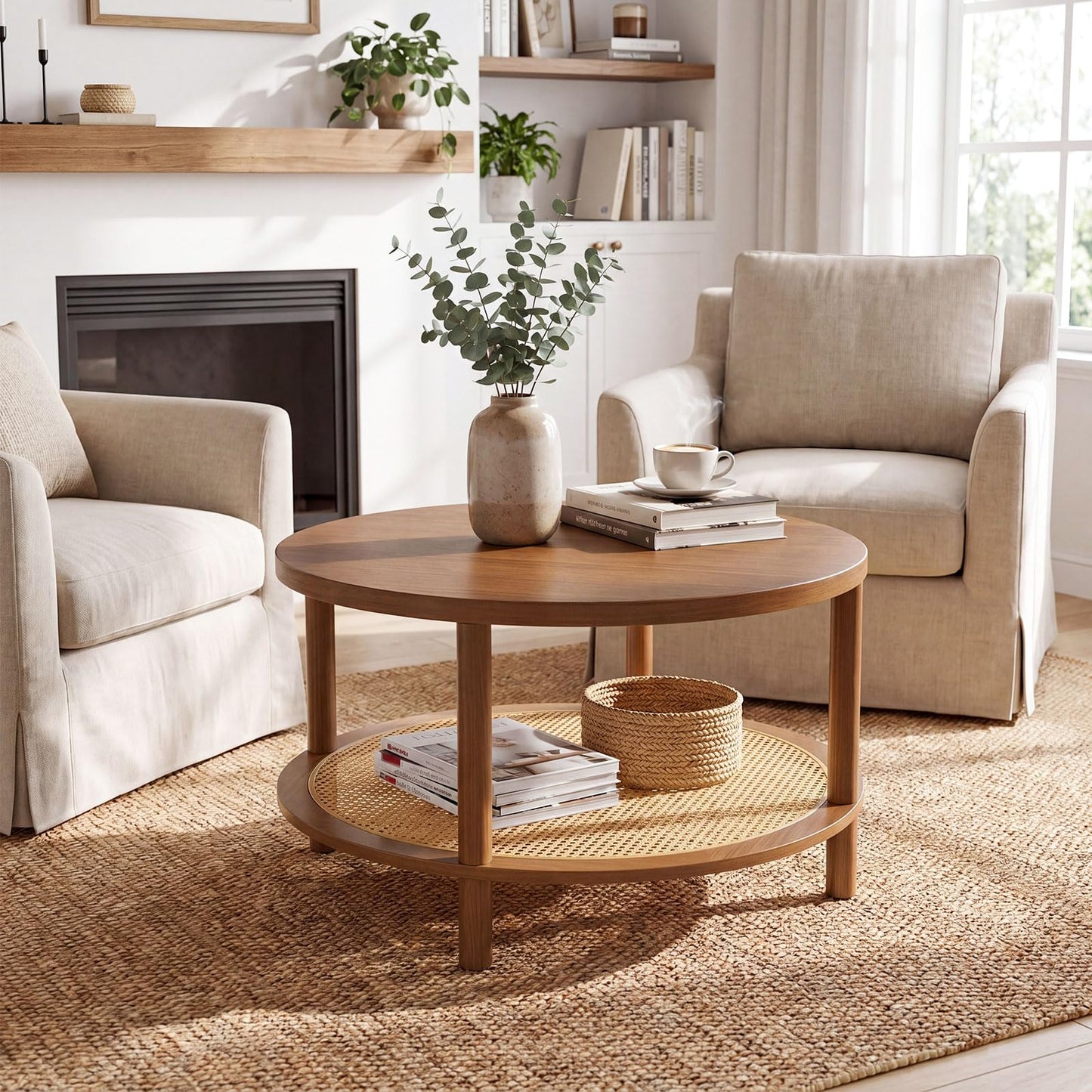 2-Tier Round Coffee Table with Rattan Storage Shelf, Rubber Wood