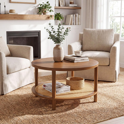 2-Tier Round Coffee Table with Rattan Storage Shelf, Rubber Wood