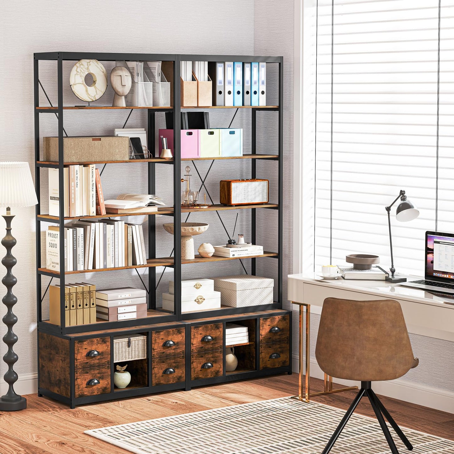 8-tier Bookshelf with Storage and 4 Fabric Drawers